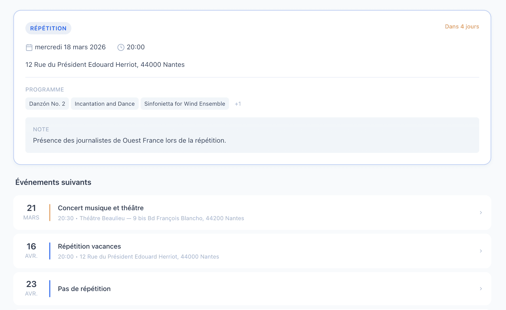 Calendrier des événements de l'orchestre - Répétitions et concerts